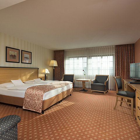 Camera classic al Maritim Hotel Dresden con letto matrimoniale, area salotto e arredamento classico.